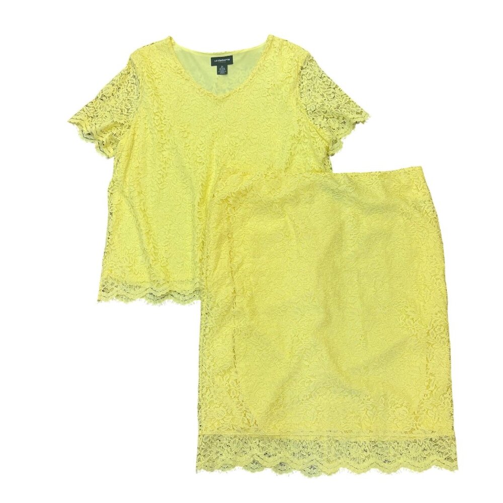 Liz Claiborne 2Pc‎ Butter Yellow Lace Top & Skirt XL Stretch Career Spring